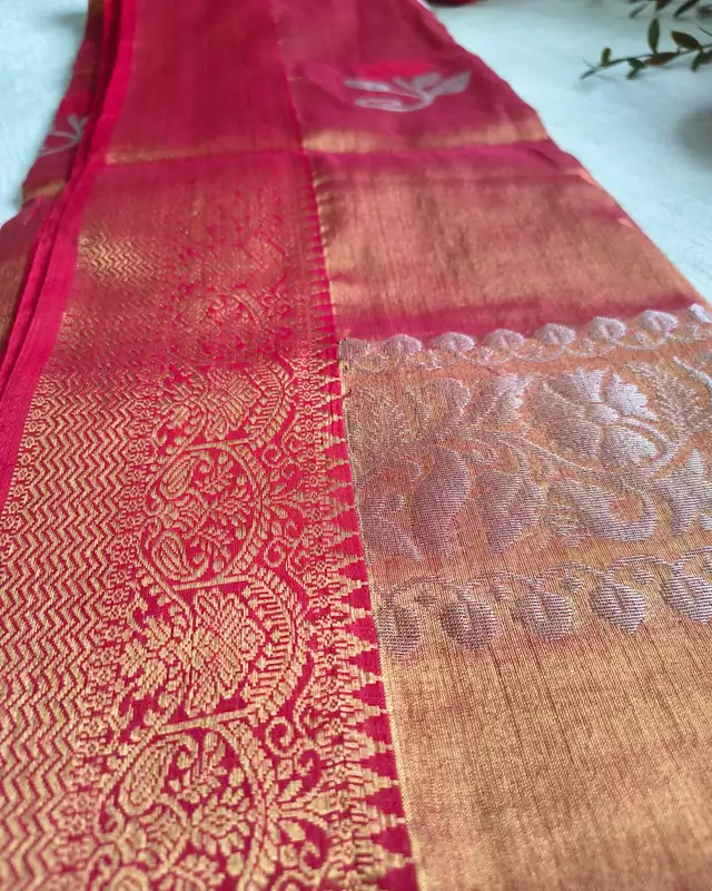 Handloom Metallic Tissue Linen with Jamdhani Weaving Buttas - Sunset Orange