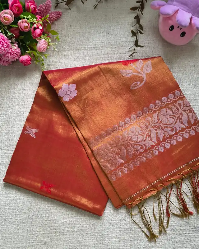 Handloom Metallic Tissue Linen with Jamdhani Weaving Buttas - Sunset Orange