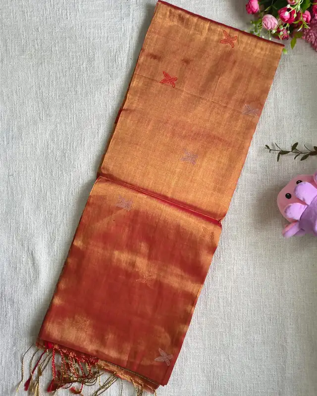 Handloom Metallic Tissue Linen with Jamdhani Weaving Buttas - Sunset Orange