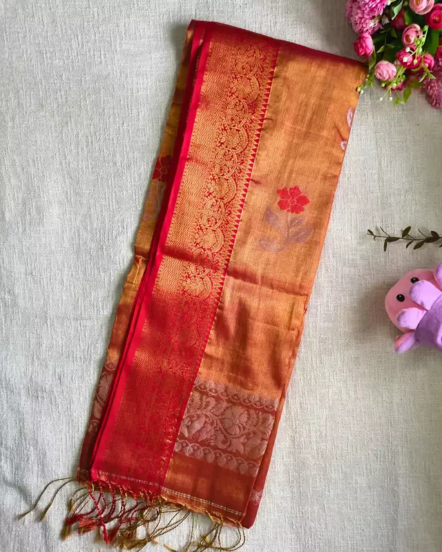 Handloom Metallic Tissue Linen with Jamdhani Weaving Buttas - Sunset Orange