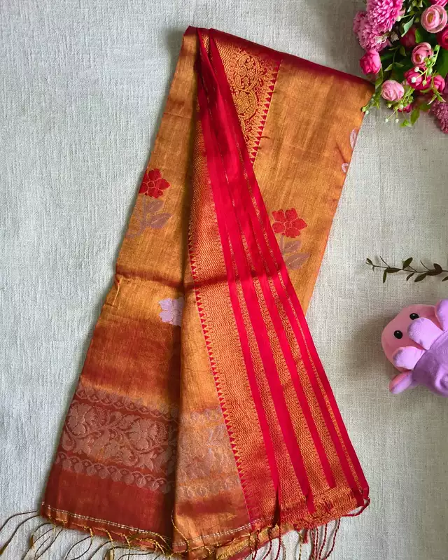 Handloom Metallic Tissue Linen with Jamdhani Weaving Buttas - Sunset Orange
