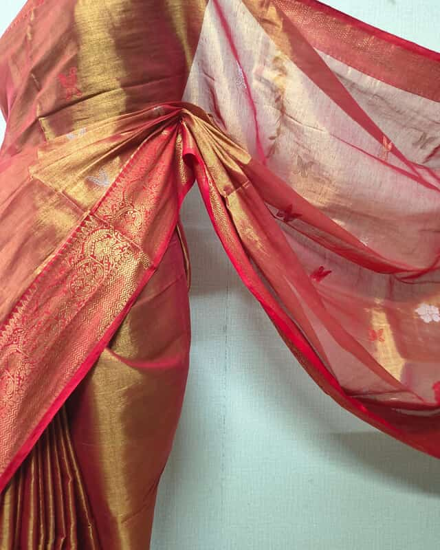 Handloom Metallic Tissue Linen with Jamdhani Weaving Buttas - Sunset Orange