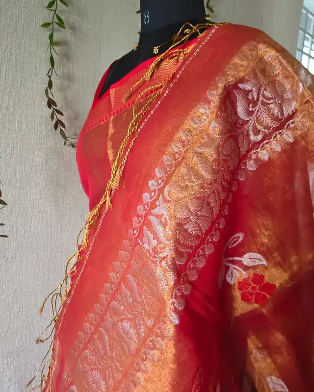 Handloom Metallic Tissue Linen with Jamdhani Weaving Buttas - Sunset Orange