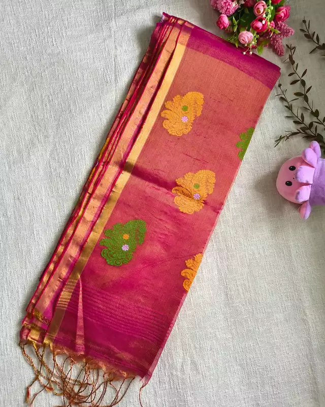 Handloom Tissue Linen with Jamdhani Weaving Buttas - Crimson