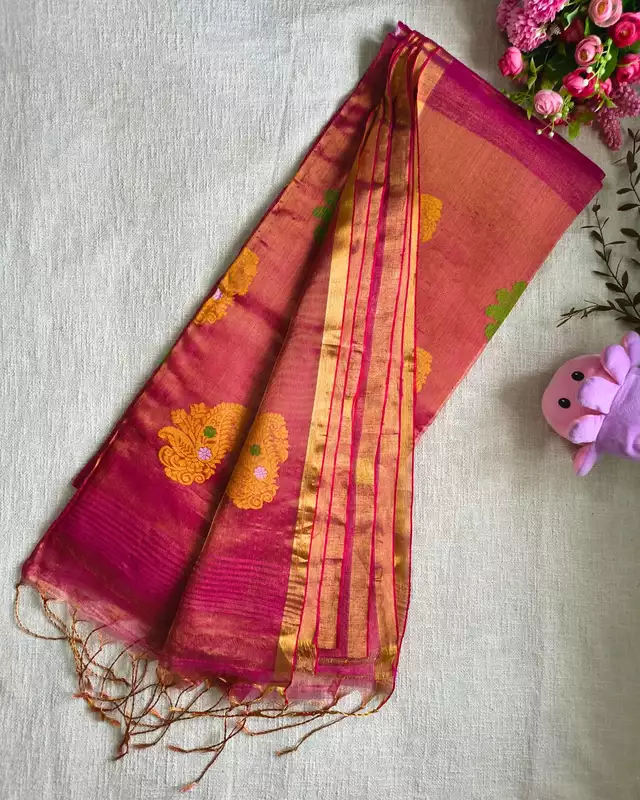 Handloom Tissue Linen with Jamdhani Weaving Buttas - Crimson