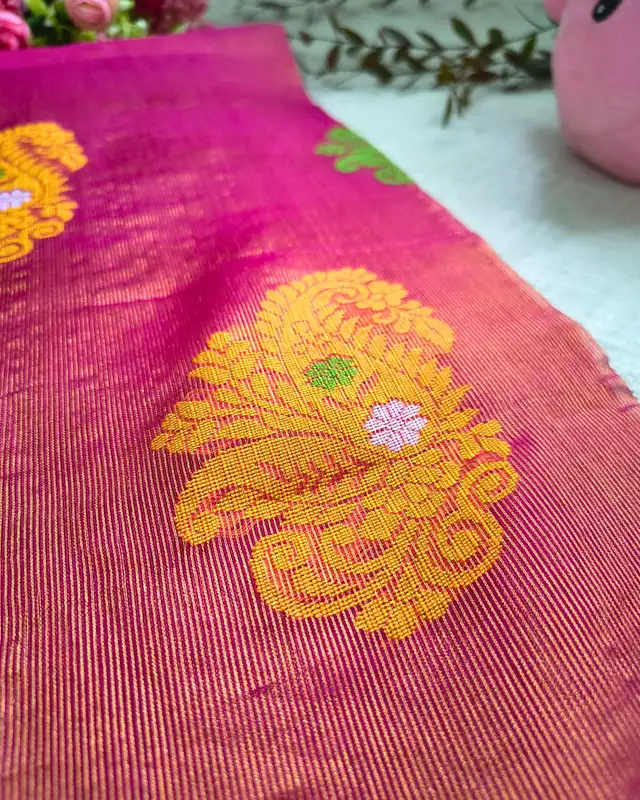 Handloom Tissue Linen with Jamdhani Weaving Buttas - Crimson