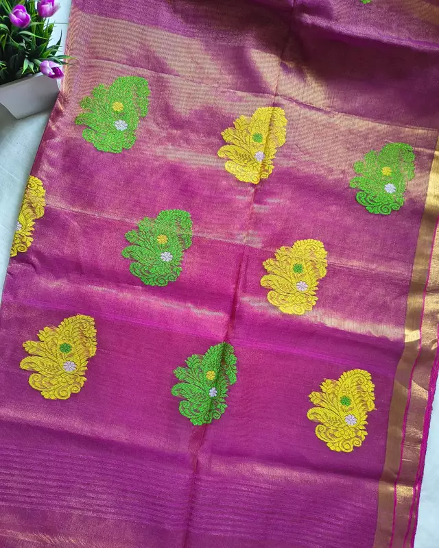 Handloom Tissue Linen with Jamdhani Weaving Buttas - Magenta