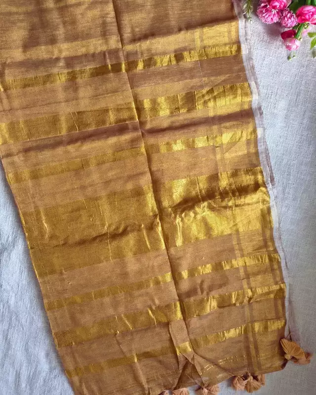 Linen Tissue Saree Plain - Golden