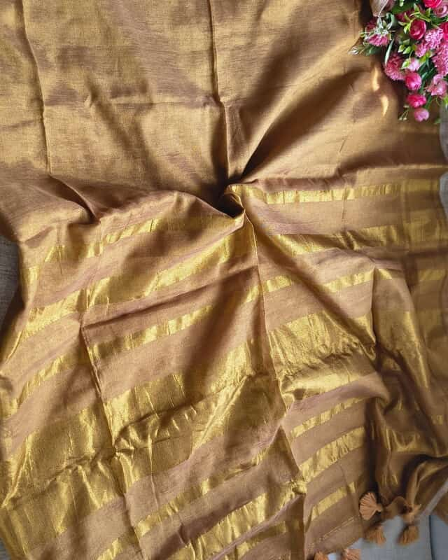 Linen Tissue Saree Plain - Golden