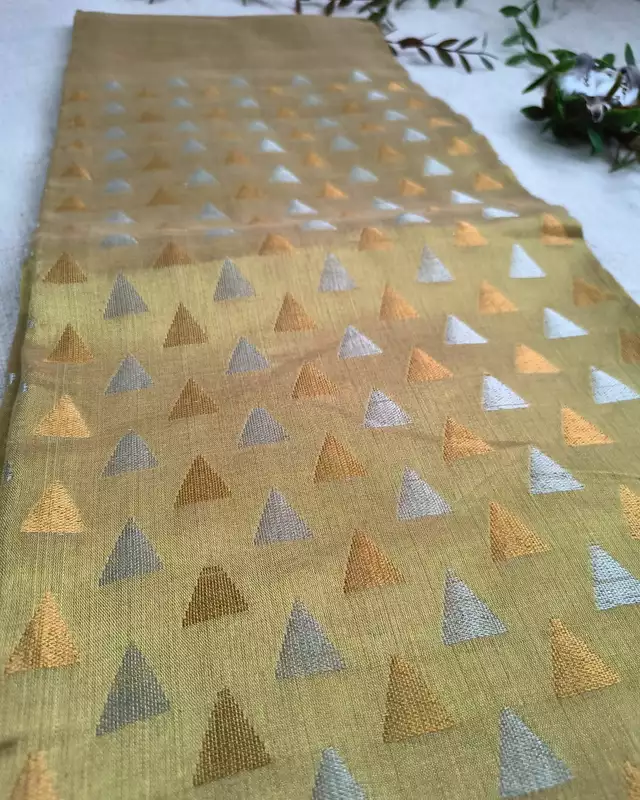 Linen Tissue Saree with Golden Silver Zari weaving - Yellow Gold