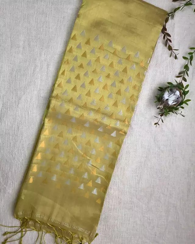 Linen Tissue Saree with Golden Silver Zari weaving - Yellow Gold