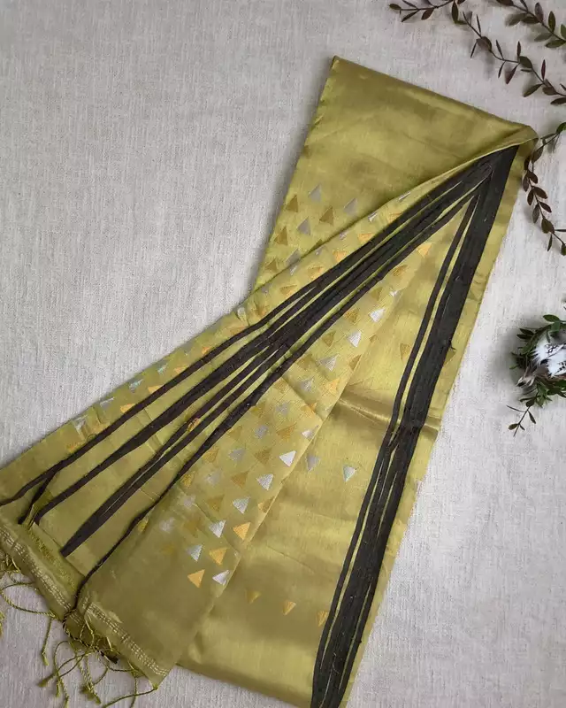 Linen Tissue Saree with Golden Silver Zari weaving - Yellow Gold