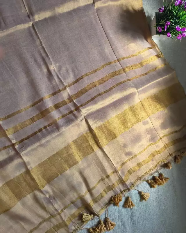 Soft Linen Tissue Saree Plain - Golden