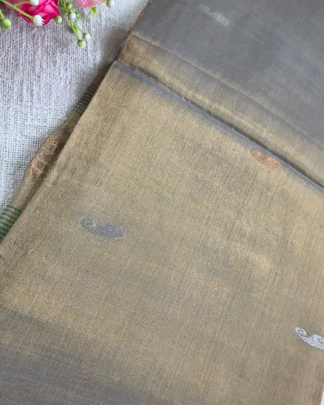Soft Linen Tissue Saree with Golden Silver Zari weaving - Copper Golden