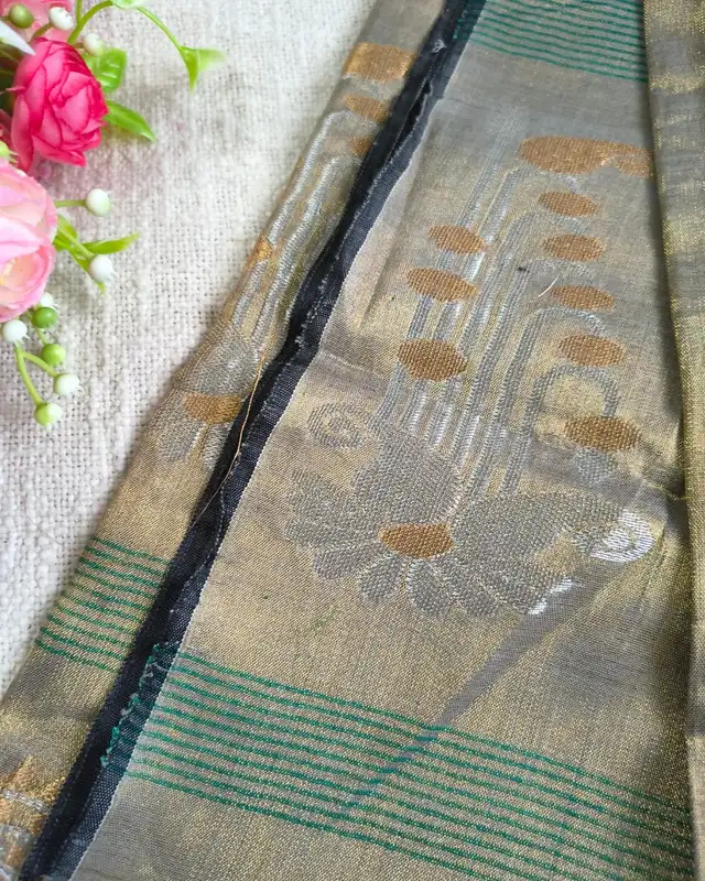 Soft Linen Tissue Saree with Golden Silver Zari weaving - Copper Golden