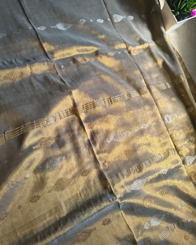 Soft Linen Tissue Saree with Golden Silver Zari weaving - Grey Gold