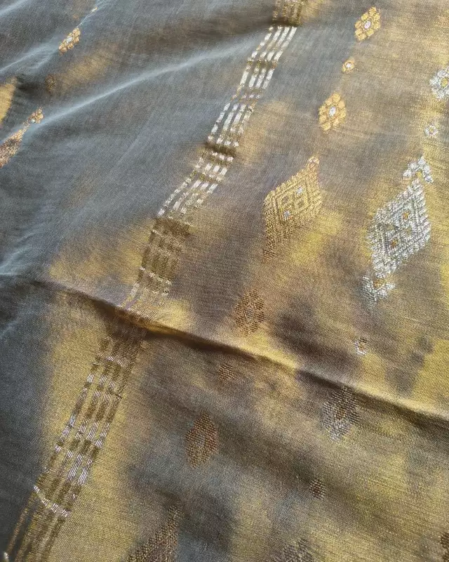 Soft Linen Tissue Saree with Golden Silver Zari weaving - Grey Gold