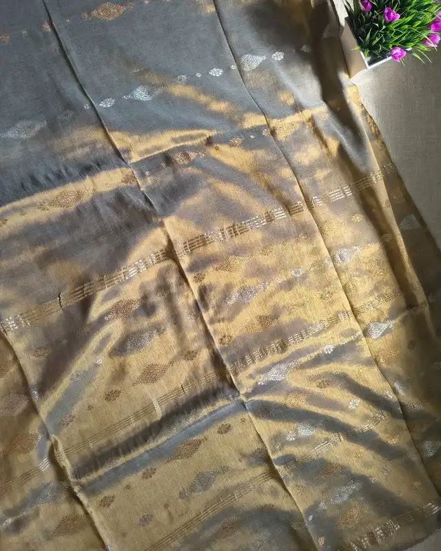 Soft Linen Tissue Saree with Golden Silver Zari weaving - Grey Gold