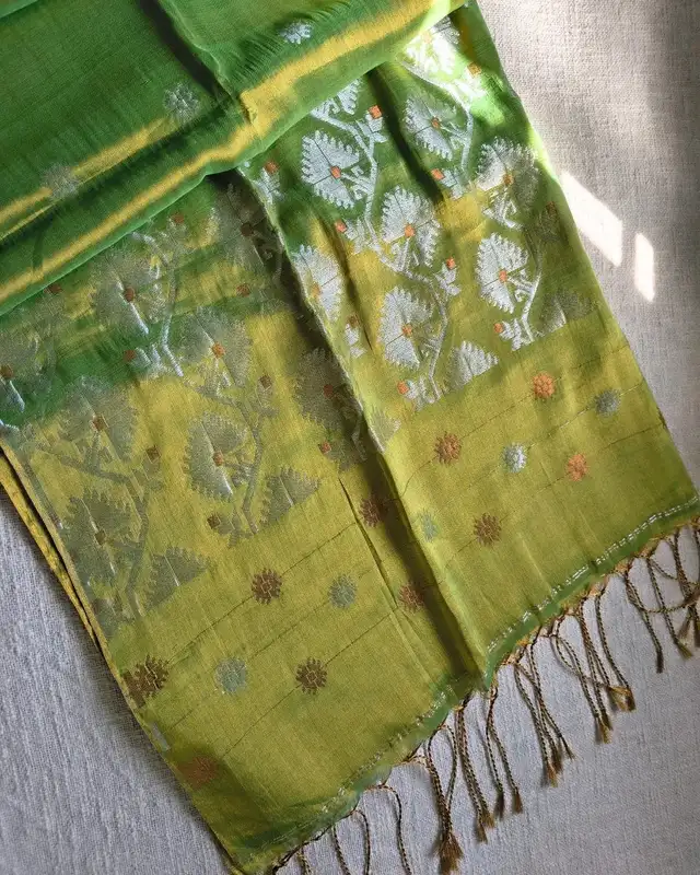 Soft Linen Tissue Saree with Golden Silver Zari weaving - Flower Butta - Golden Green