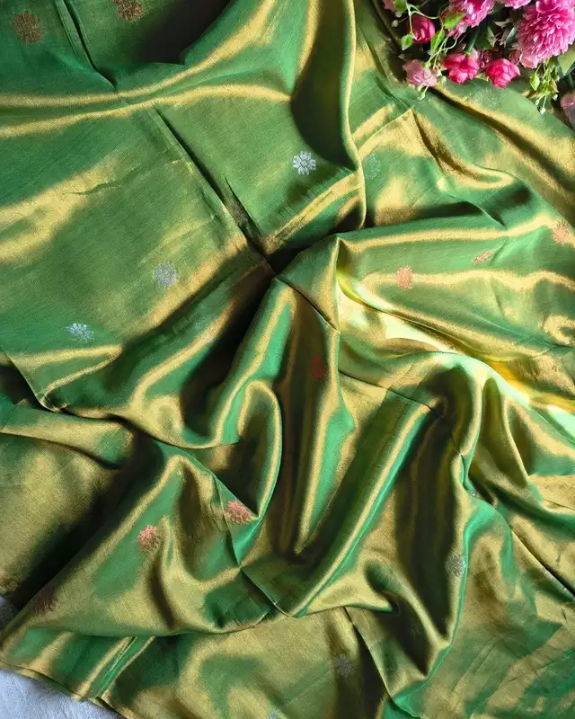 Soft Linen Tissue Saree with Golden Silver Zari weaving - Flower Butta - Golden Green