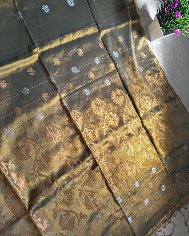 Soft Linen Tissue Saree with Golden Silver Zari weaving - Golden Brown