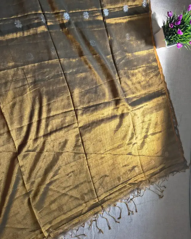 Soft Linen Tissue Saree with Golden Silver Zari weaving - Golden Brown