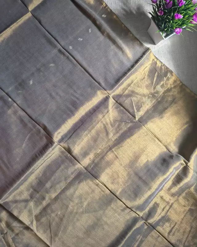 Soft Linen Tissue Saree with Golden Silver Zari weaving - Golden Silver