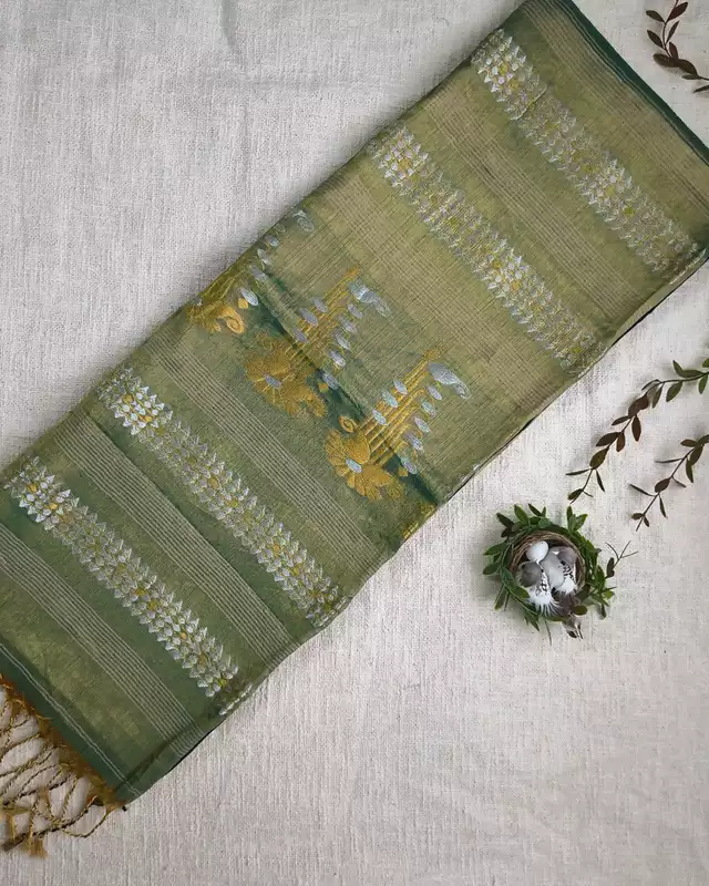 Soft Linen Tissue Saree with Golden Silver Zari weaving - Olive Grey