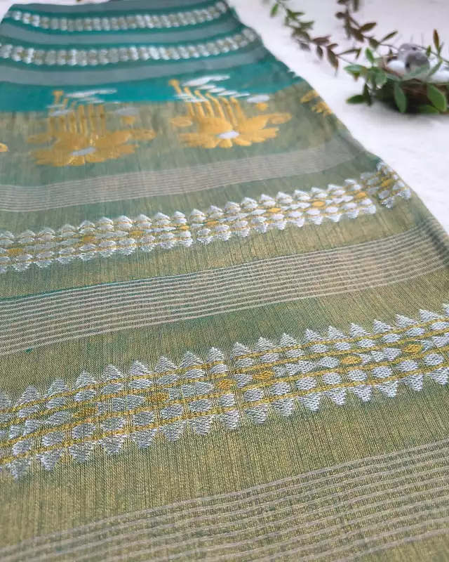 Soft Linen Tissue Saree with Golden Silver Zari weaving - Olive Grey