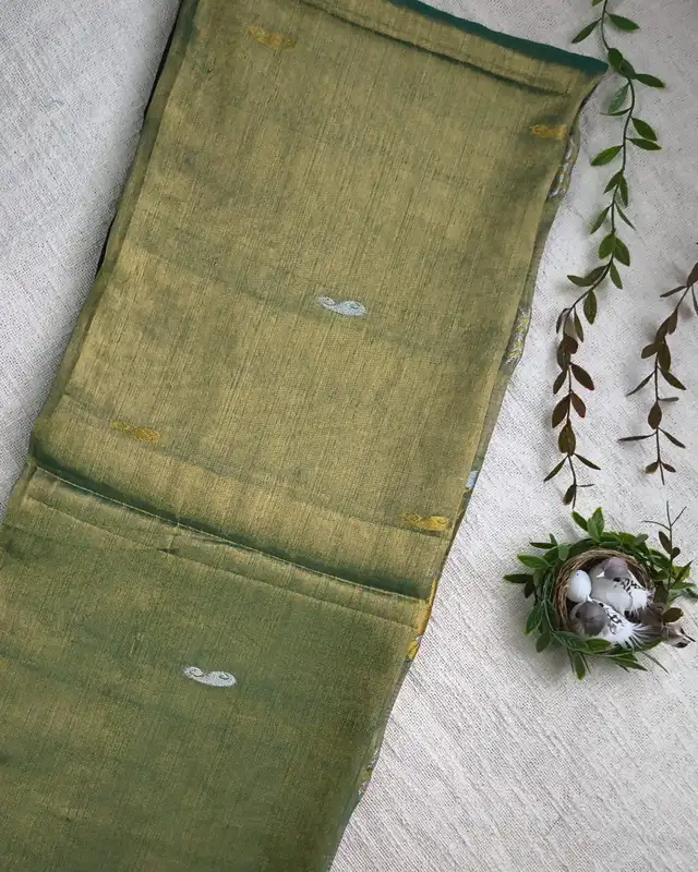 Soft Linen Tissue Saree with Golden Silver Zari weaving - Olive Grey