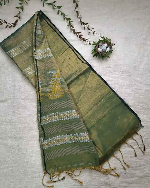 Soft Linen Tissue Saree with Golden Silver Zari weaving - Olive Grey