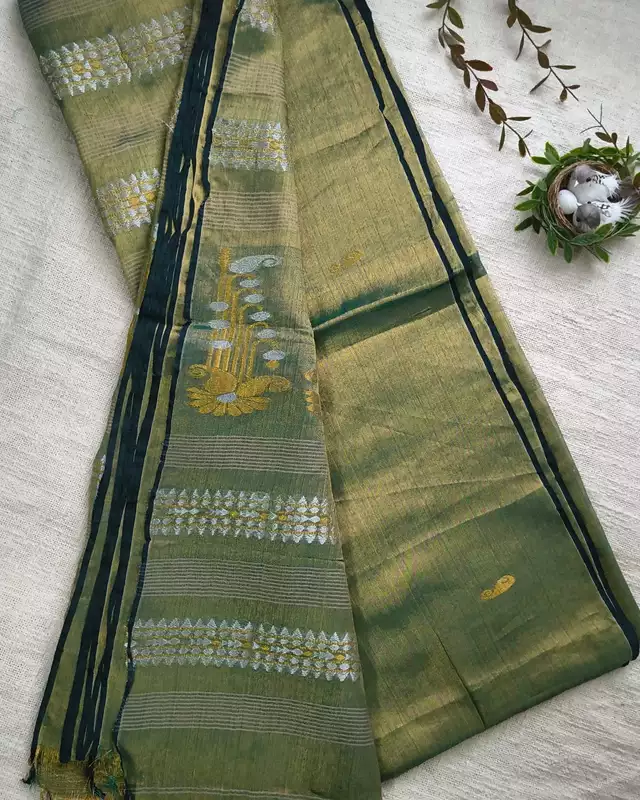 Soft Linen Tissue Saree with Golden Silver Zari weaving - Olive Grey