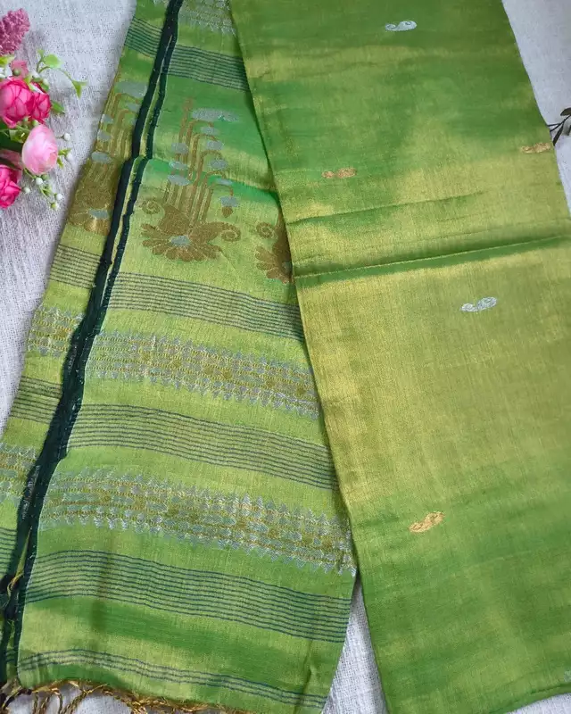 Soft Linen Tissue Saree with Golden Silver Zari weaving - Parrot Green