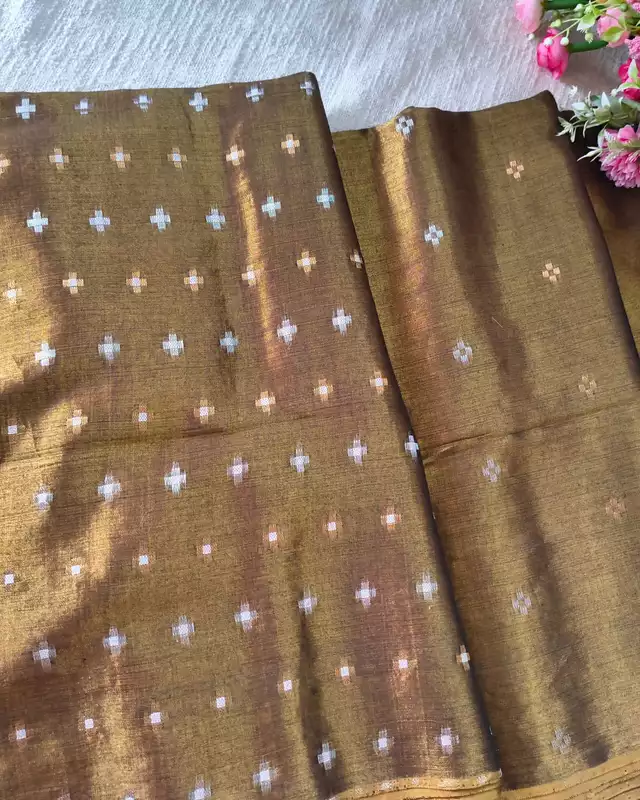 Soft Linen Tissue Saree with Golden Silver Zari weaving Plus design - Golden Brown