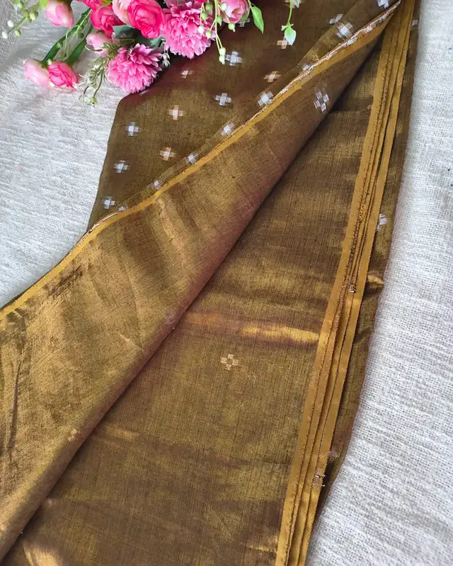 Soft Linen Tissue Saree with Golden Silver Zari weaving Plus design - Golden Brown