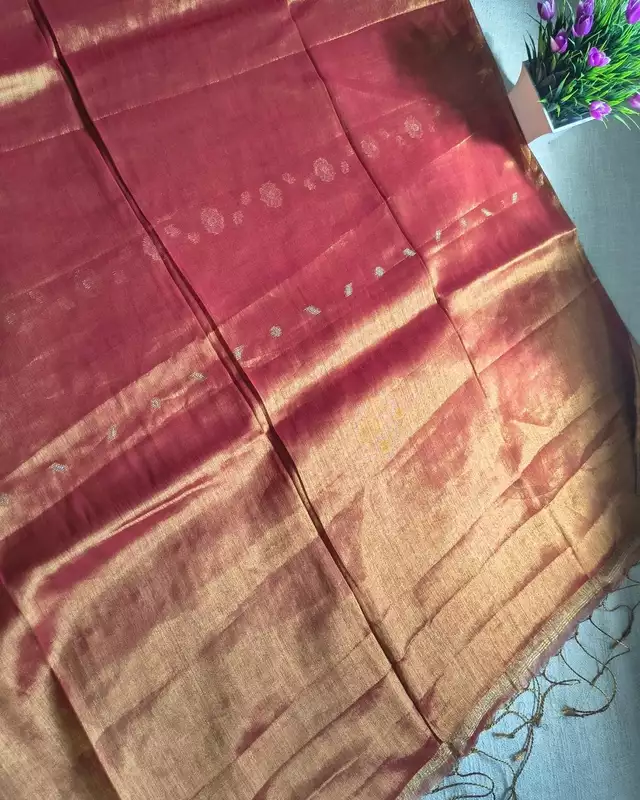 Soft Linen Tissue Saree with Golden Silver Zari weaving - Sunset