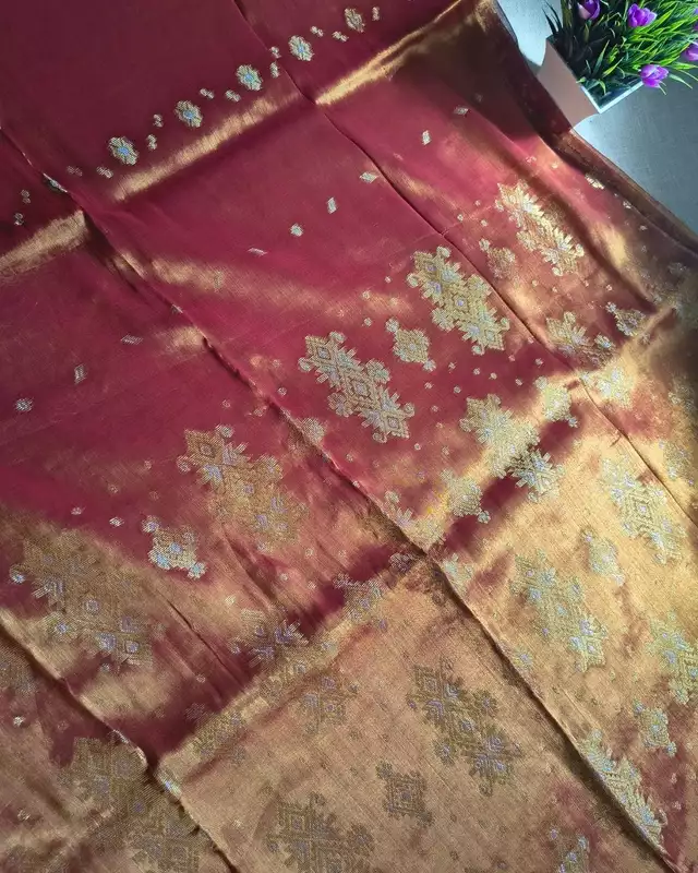 Soft Linen Tissue Saree with Golden Silver Zari weaving - Sunset