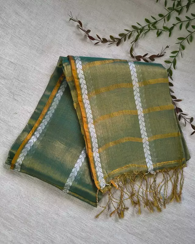 Soft Linen Tissue Saree with Golden Zari weaving - Antique Green
