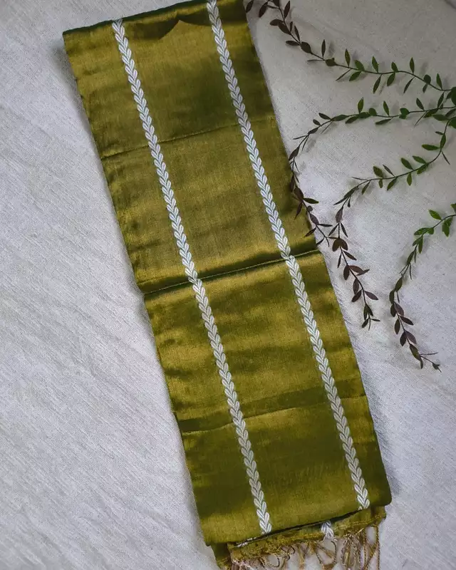 Soft Linen Tissue Saree with Golden Zari weaving - Olive Green