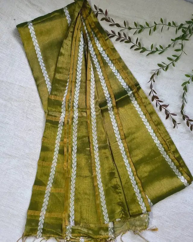 Soft Linen Tissue Saree with Golden Zari weaving - Olive Green