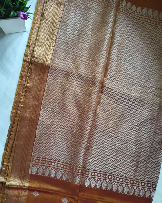 Soft Linen Tissue Saree with Hand Woven Buttas - Honey