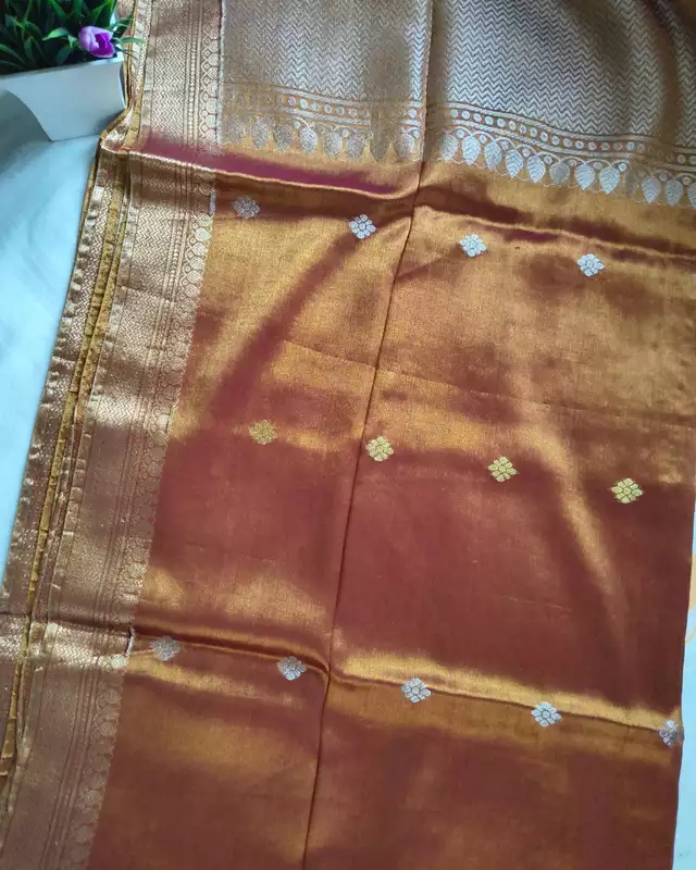 Soft Linen Tissue Saree with Hand Woven Buttas - Honey