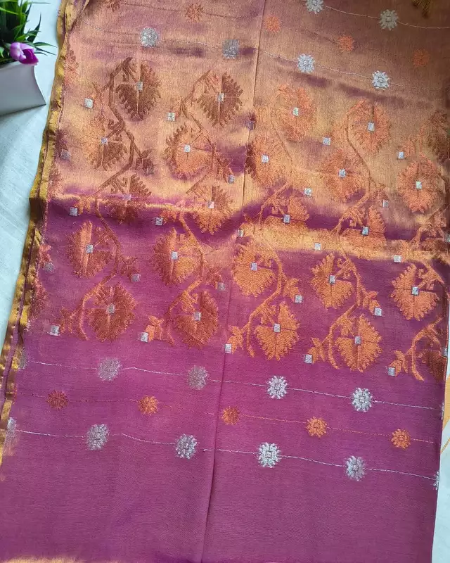 Soft Linen Tissue Saree with Hand Woven Buttas - Onion Pink
