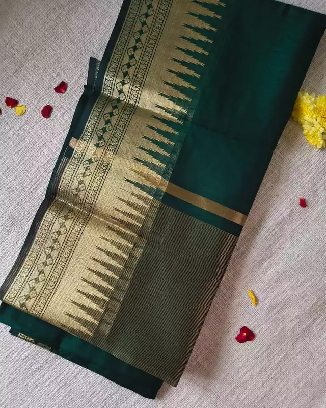 Maheshwari Silk Cotton Saree with Golden Temple Border - Bottle Green