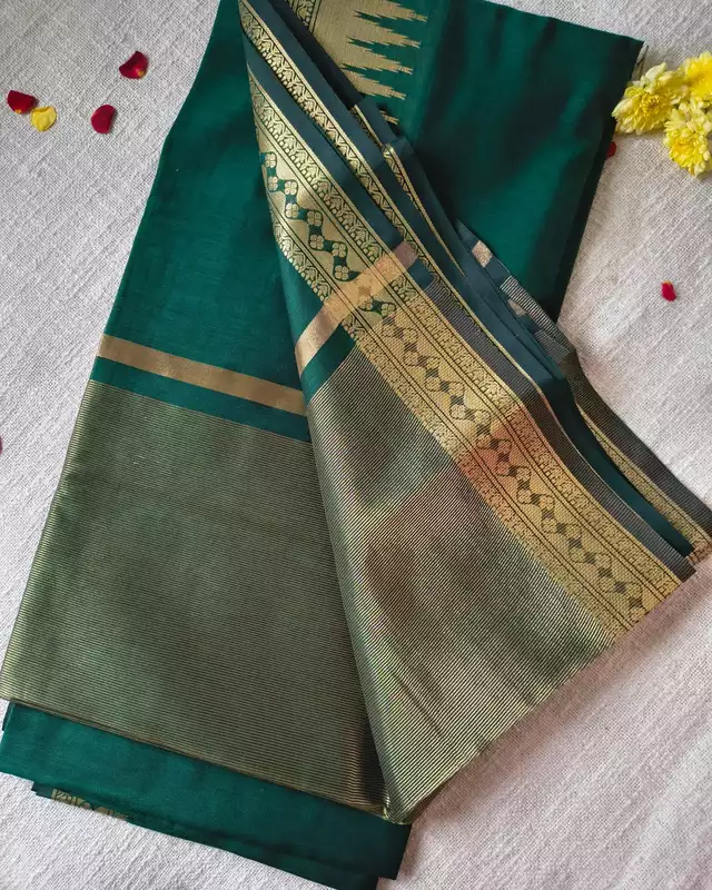 Maheshwari Silk Cotton Saree with Golden Temple Border - Bottle Green
