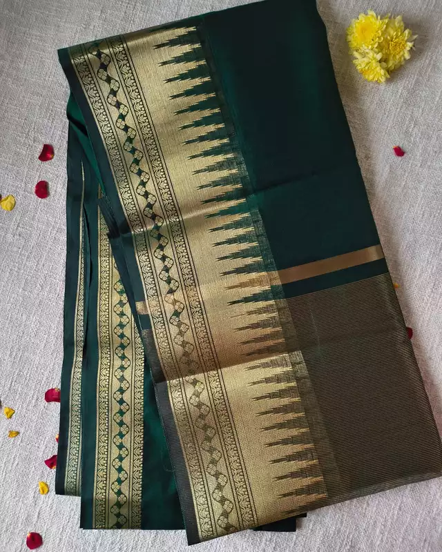Maheshwari Silk Cotton Saree with Golden Temple Border - Bottle Green