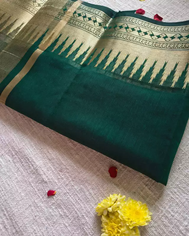 Maheshwari Silk Cotton Saree with Golden Temple Border - Bottle Green