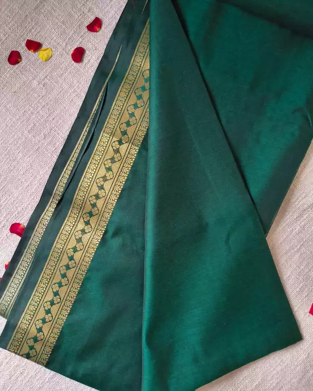Maheshwari Silk Cotton Saree with Golden Temple Border - Bottle Green