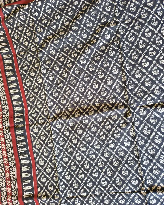 Ajrakh Block Print 120s Mul Cotton Saree - Black Lattice