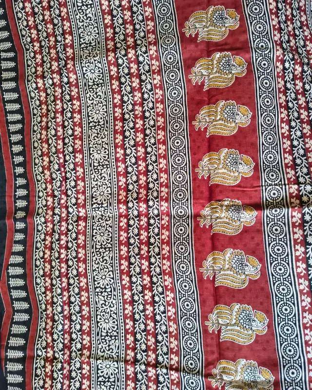 Ajrakh Block Print 120s Mul Cotton Saree - Black Lattice